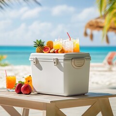A refreshing beach picnic scene featuring a cooler, tropical fruits like pineapple, oranges, and passion fruit, and vibrant cocktails with straws, evoking a summer vacation vibe.