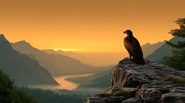 Majestic eagle perched on cliff overlooking misty mountain valley at sunrise - Powered by Adobe