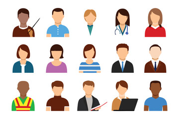 Diverse Professional Avatars: A vibrant array of minimalist avatars representing various professions and demographics. 