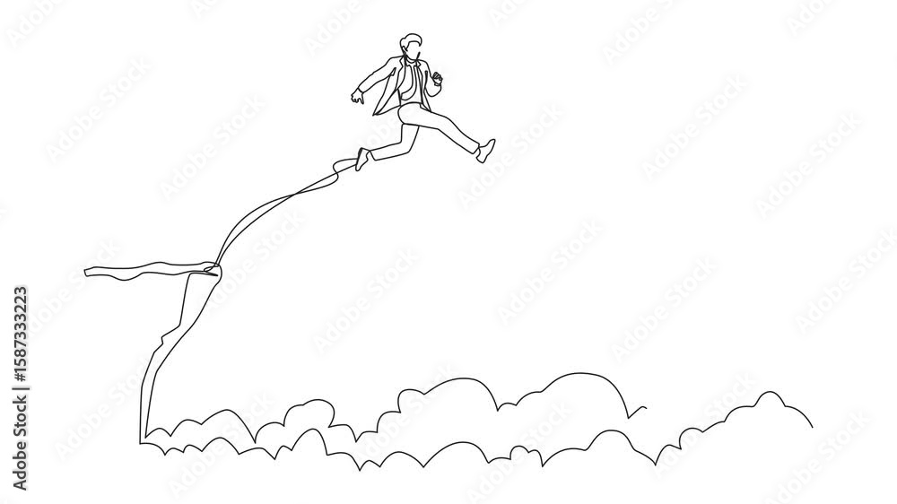 Poster self drawing animation of single continuous line drawing businessman jumping over cliff to reach tar