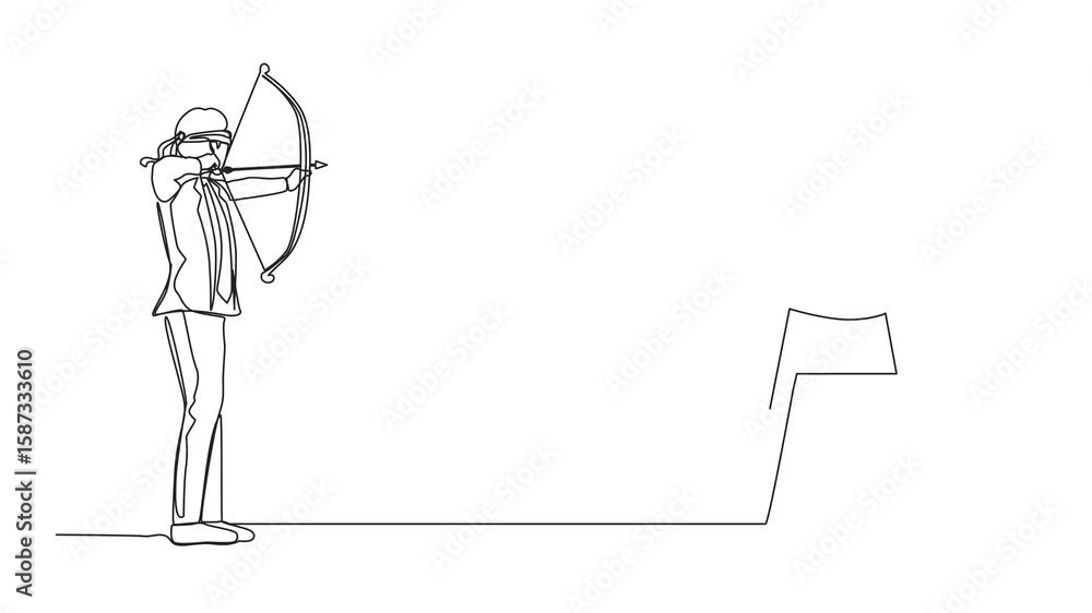 Poster animation of single one line drawing businessman trying to shoot target with blindfold. trying to ac