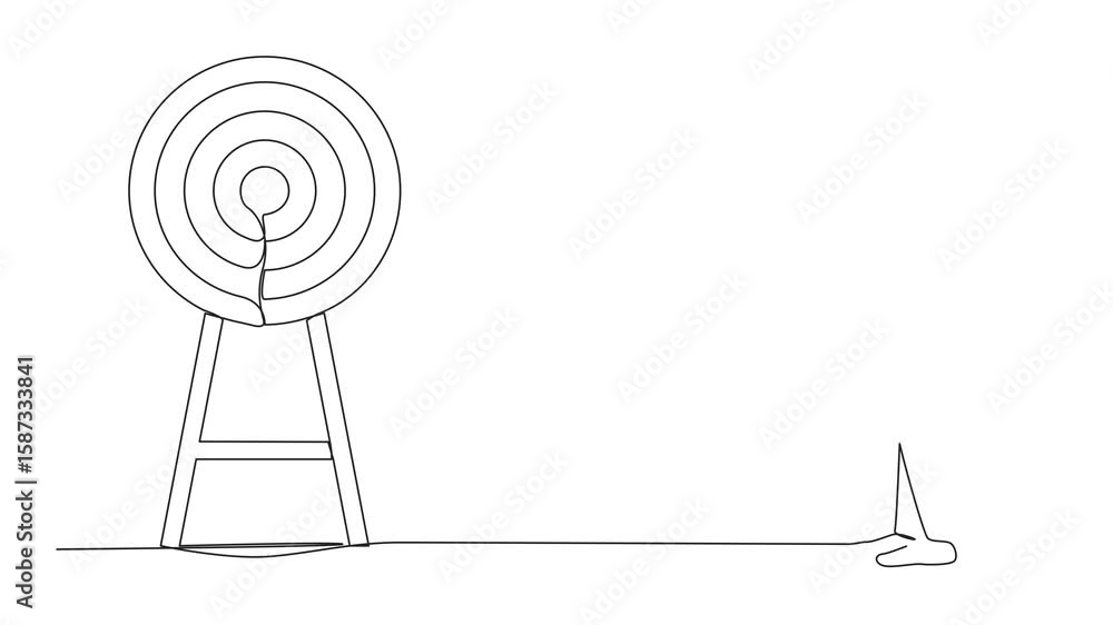 Poster animation of single continuous line drawing businessman using blindfold and hit darts target. confus