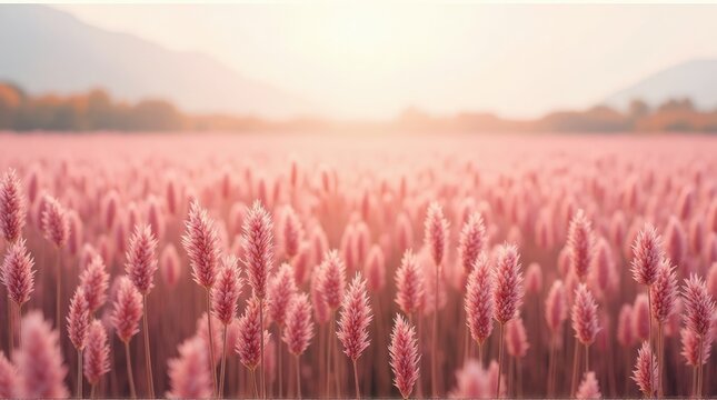 Lush field of pink wildflowers under a soft sunrise. - Powered by Adobe