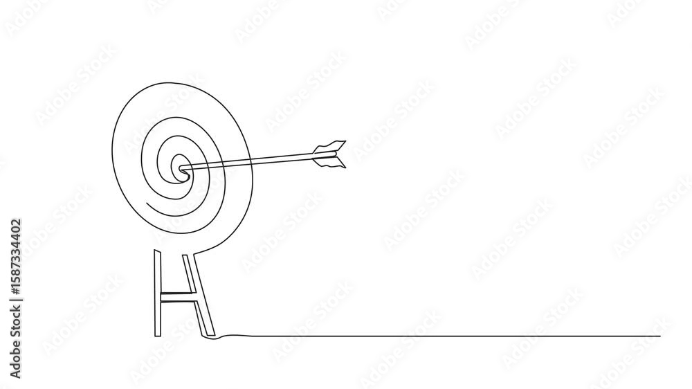 Poster self drawing animation of single continuous line drawing archery target ring with arrows hitting bul