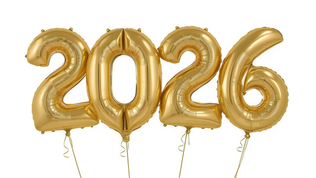 Gold 2026 Balloon Numbers on White Background
