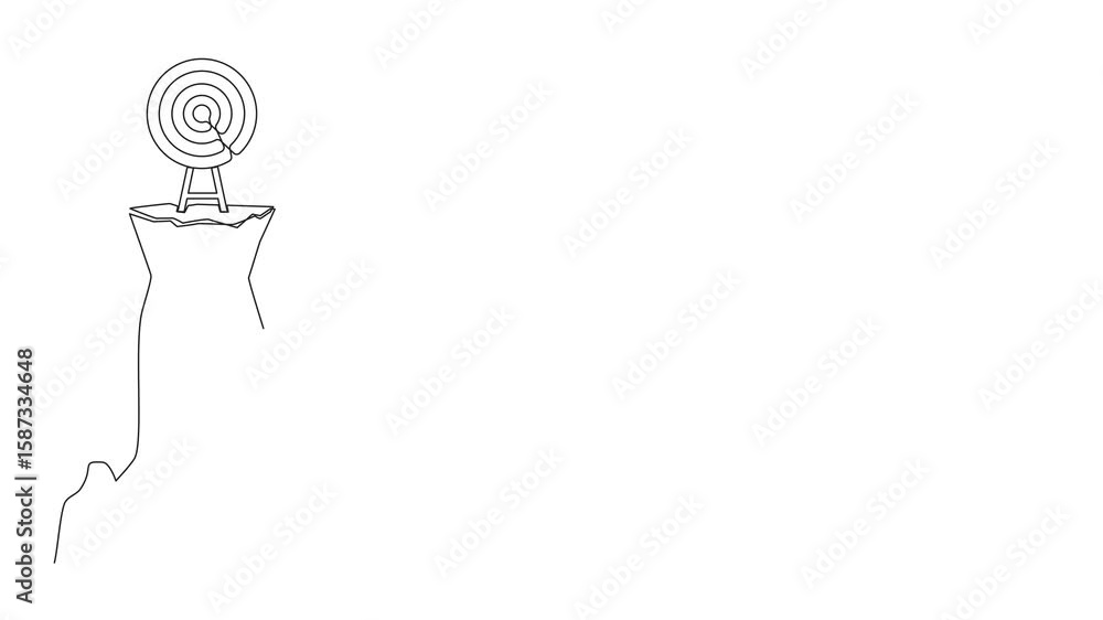 Poster animation of single continuous line drawing archery target ring with arrows hitting bullseye on clif