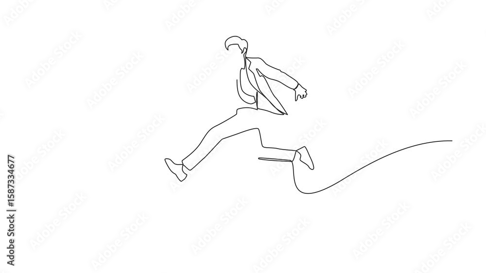 Poster self drawing animation of single one line drawing businessman running fast with waving necktie. late
