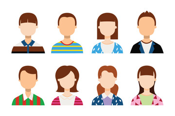 Modern Minimalist Portrait Collection: A diverse range of stylized human portraits, showcasing unique hairstyles and attire, embodying contemporary design in vibrant colors.