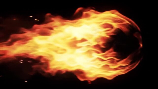 Realistic fireball spell animation with dynamic fiery trail, fast-moving magical fire projectile for fantasy combat. Bright, intense flames with natural heat distortion and ember particles. Cinematic 
