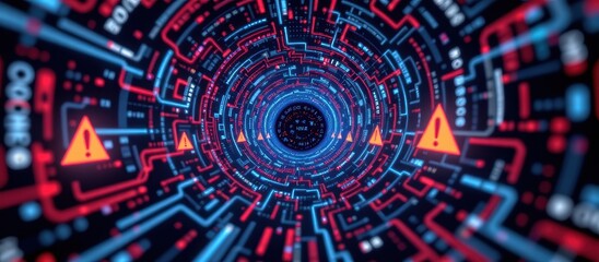 Cyberbullying prevention concept. Digital vortex with warning signs and circuit patterns.