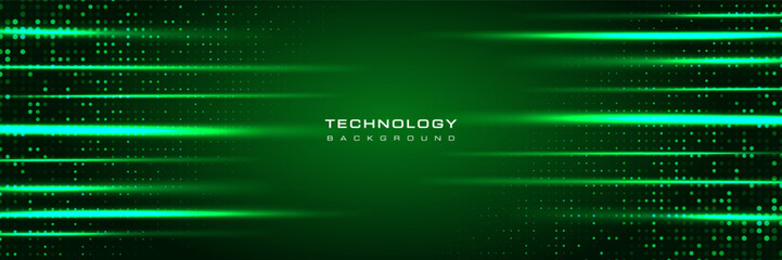 Green technology background with glowing horizontal light streaks and dotted halftone pattern. Modern futuristic digital design, ideal for tech, sci-fi, or innovation themes.