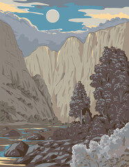 WPA style ukiyo-e or ukiyo illustration of the Gunnison River along the Black Canyon of the Gunnison National Park in western Colorado in the USA done in retro works project administration style.