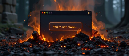 Cyberbullying prevention concept. A computer screen in flames with the message "You're not alone...