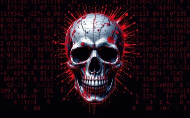 Cyberbullying prevention concept. Skull graphic with digital elements and red accents on a dark background.