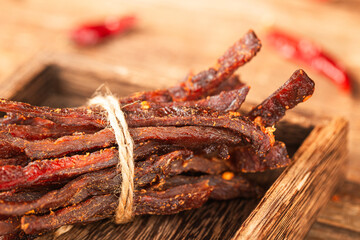 Beef strips, finely chopped beef jerky