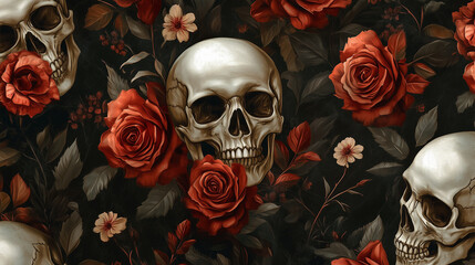 Gothic floral pattern with skulls and red roses for dark design themes
