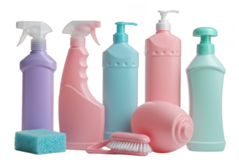 Assortment of pastel cleaning supplies and tools isolated on transparent background