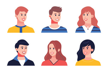 Character Diversity: A collection of six diverse characters, each with unique features, expressing their individual charm in a vector-style illustration, inviting exploration and personalization.