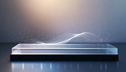 A futuristic platform showcases glowing lines and particles, creating a modern and abstract design perfect for technology, science, or innovative product presentations with a sleek aesthetic.