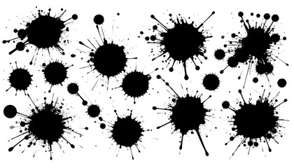 Abstract grunge background with black ink stains, paint splatters and isolated texture on white background