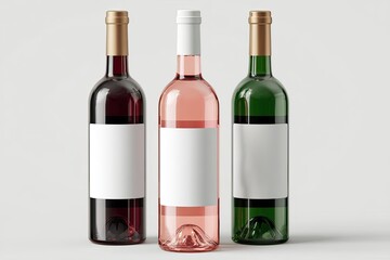 Three wine bottles, red, ros?, and green, with blank labels