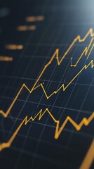 Financial chart displays an upward trend with golden lines on a dark grid, representing growth, investment analysis, and market performance in a visually compelling way.