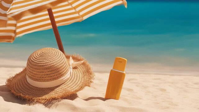 Beach day relaxation with straw hat and sunscreen bottle under umbrella