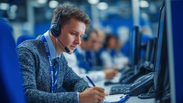 A police officer takes notes on a clipboard as they communicate through a headset surrounded by rows of desks and busy call center colleagues. The room features soundproof partitions