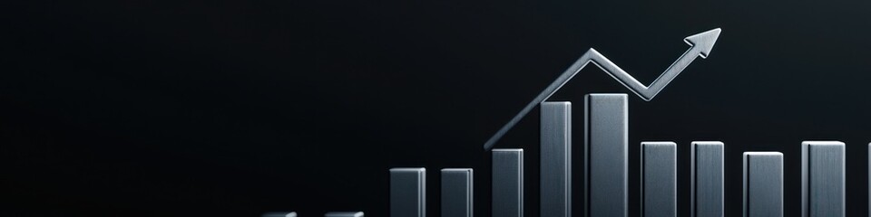 Silver bar graph with an upward trending arrow showcases business growth and financial success, ideal for illustrating market analysis and positive economic performance.