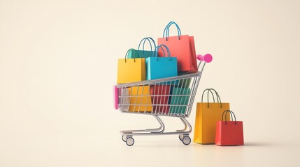 Fototapeta premium Shopping cart full of colorful bags