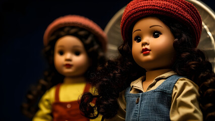 Twin girl dolls with identical outfits and matching hairstyles