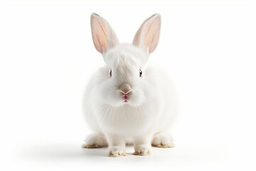 Fluffy white bunny rabbit facing camera, long ears up, clean white studio background, photorealistic, isolated.