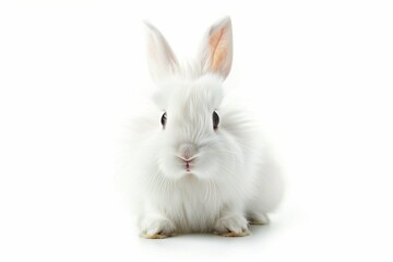 Fototapeta premium Fluffy white bunny rabbit facing camera, long ears up, clean white studio background, photorealistic, isolated.