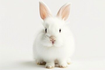 Fluffy white bunny rabbit facing camera, long ears up, clean white studio background, photorealistic, isolated.