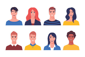 Diversity Smiles: Diverse group of young adults with bright smiles, embodying positivity and inclusion in a modern, flat illustration style.