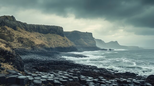 Dramatic Coastal Landscape Featuring Volcanic Rock Formations and Crashing Waves