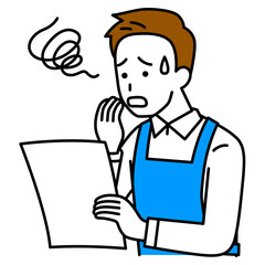 書類を見て困惑するエプロン姿の男性