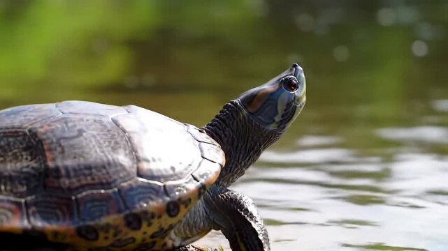 Sunbathing turtle at the shore of a lake warming up in the sunshine as reptiles in natural environment slow walking but fast swimming and deep diving attentive tortoises and exotic pets in garden pond