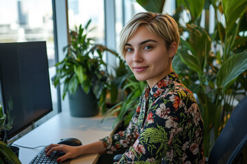 Attractive young woman works in a bright office with lush green plants