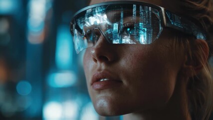 Young woman is wearing augmented reality glasses showing a financial animation, suggesting she is analyzing data in a futuristic cyberpunk city - Powered by Adobe