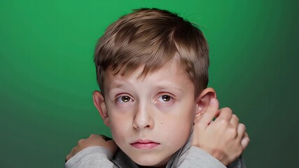 A young boy with a serious expression looks directly at the camera against a green backdrop