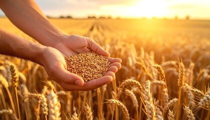 A farmer's hands hold wheat in a golden field at sunset