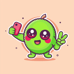 smiling jackfruit character mascot taking a selfie with a smartphone isolated cartoon 