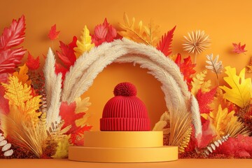 Autumnal display featuring a red beanie.