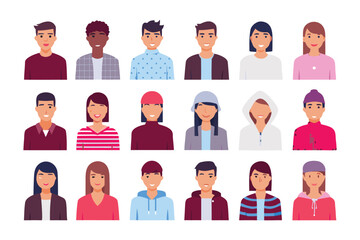 Diverse Avatar Set: A collection of 20 diverse and unique avatars, showcasing a variety of hairstyles, skin tones, and clothing styles. Perfect for website design, social media profiles, and more. 