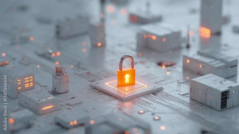 Poster an orange padlock sits atop a microchip on a white circuit board with glowing accents. concept for c