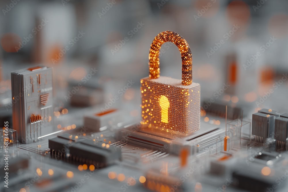 Aufkleber digital padlock illuminated on a motherboard, concept for network security, data protection and priv