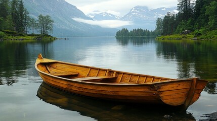 Obraz premium Wooden Rowboat on Serene Lake