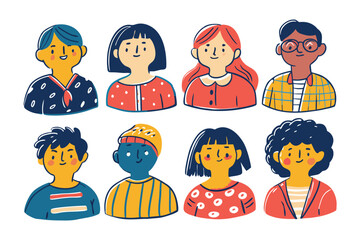 Portrait of assorted people: A diverse collection of cartoonish individual portraits, each person exudes distinct personality, style, and uniqueness.