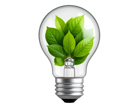 Eco light bulb filled with green leaves, isolated on a transparent background